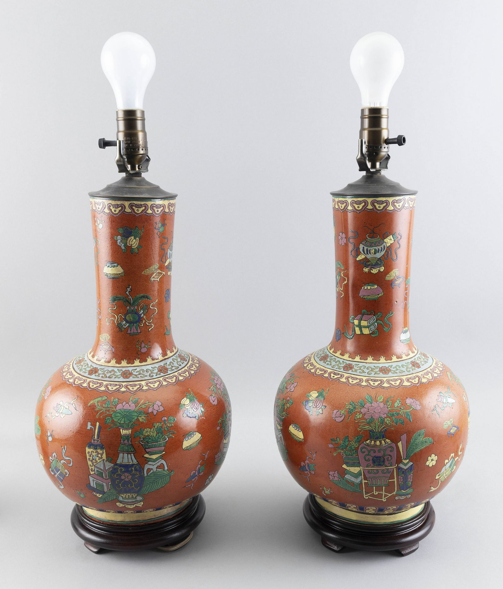 PAIR OF CHINESE FAMILLE ROSE PORCELAIN BOTTLE VASES MOUNTED AS TABLE LAMPS 20th Century Heights (1 of 4)