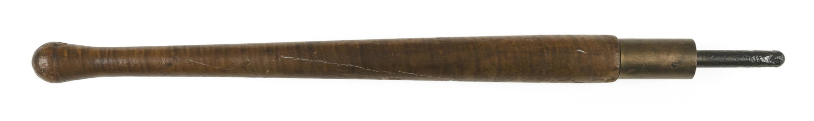 CURLY MAPLE HANDLE, POSSIBLY FOR A WINCH 19th Century Total length 34.5".: CURLY MAPLE HANDLE, POSSIBLY FOR A WINCH 19th Century Brass and iron end. Total length 34.5".