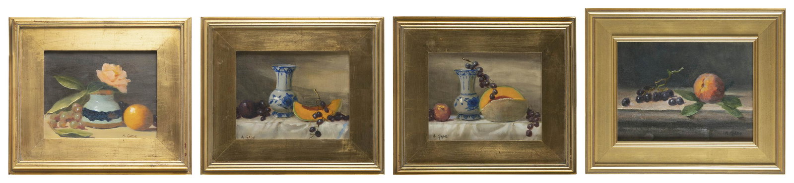 ARLENE M. GADE (Massachusetts, Contemporary), Four tabletop still lifes of fruit., Oils on canvas, (1 of 1)