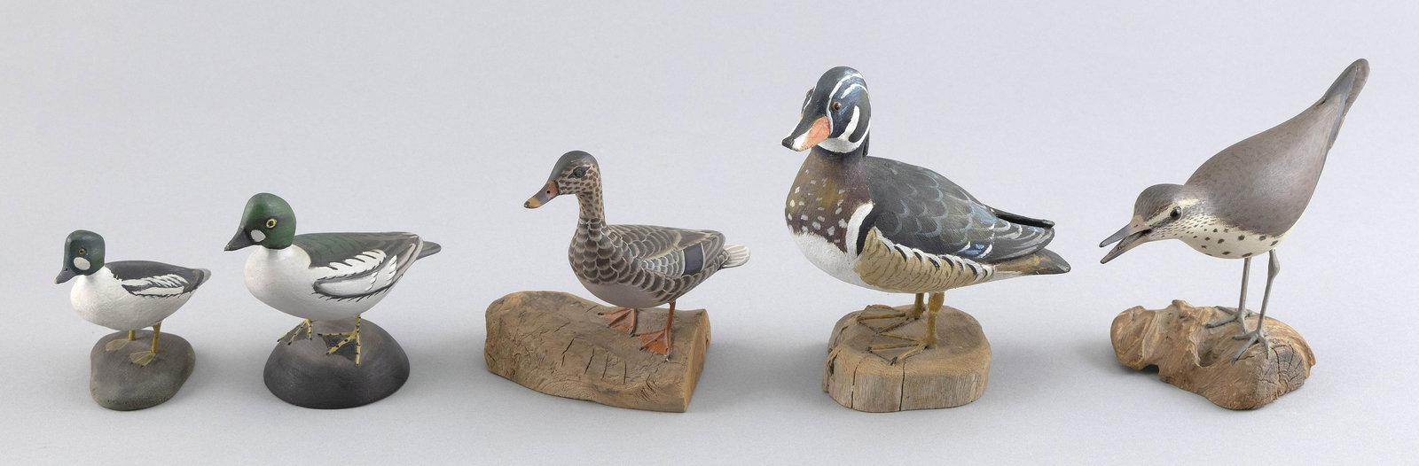 FIVE BIRD CARVINGS 20th Century Heights from 3” to 6”.: FIVE BIRD CARVINGS20th CenturyA James Lapham miniature goldeneye drake and mallard hen, a George Winters miniature goldeneye drake, a Peter Peltz miniature wood duck drake and a Don Mackenzie life-siz