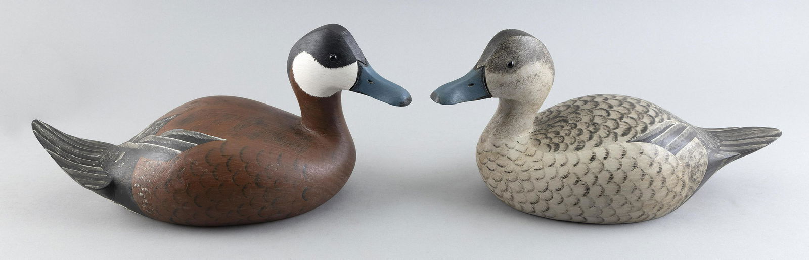 PAIR OF BYRON BRUFFEE RUDDY DUCKS Massachusetts, 20th Century Lengths 14”. (1 of 3)
