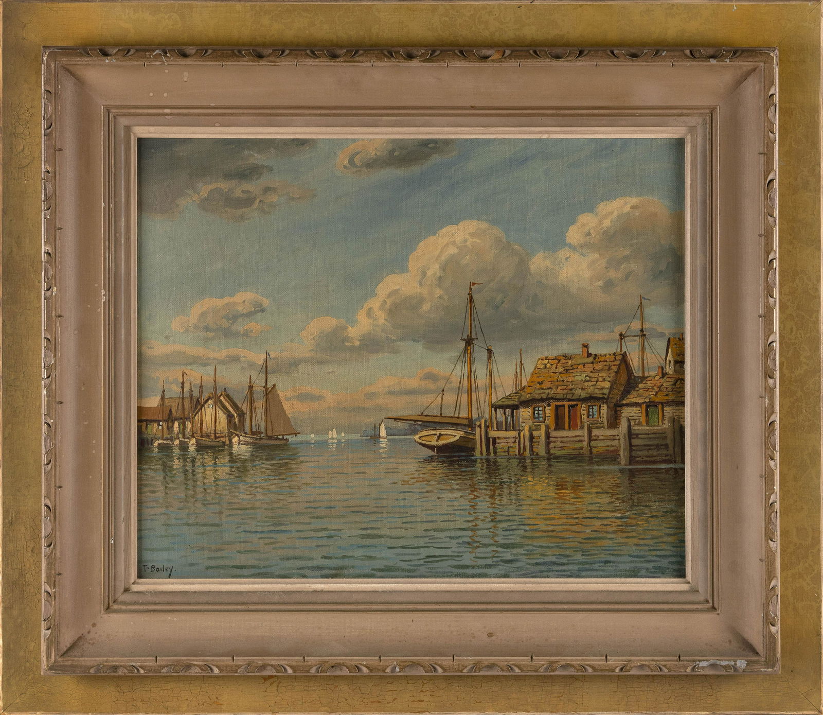 PAINTING OF A WHARF SCENE Early 20th Century Oil on canvas, 17” x 20”. Framed 26” (1 of 2)