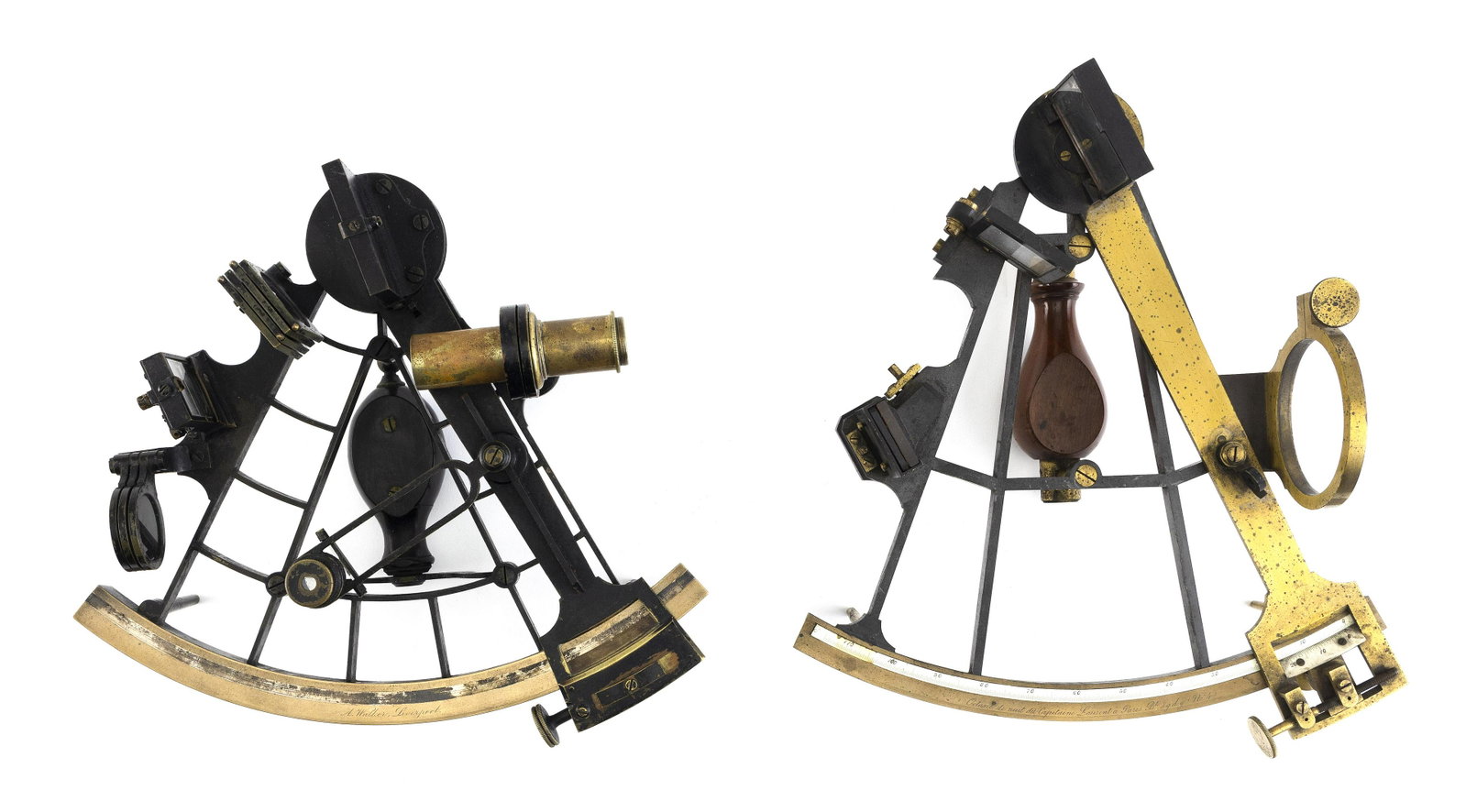 TWO SEXTANTS Late 19th Century Lengths 8.75" and 10.25". Widths 10" and 9.25".: TWO SEXTANTS Late 19th Century One marked "A. Walker Liverpool" and the other "Capitaine Laurent A Paris" with other French inscriptions. Both with skeletonized metal frames. Lengths 8.75" and 10.25".