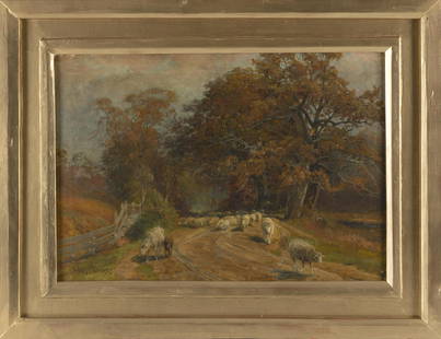 JOHN AUSTIN SANDS MONKS (Massachusetts/Illinois, 1850-1917), Landscape with sheep., Oil on canvas,: JOHN AUSTIN SANDS MONKSMassachusetts/Illinois, 1850-1917Landscape with sheep. Signed lower left “J.A. Monks”.Oil on canvas, 18” x 26”. Framed 26.5” x 34”.