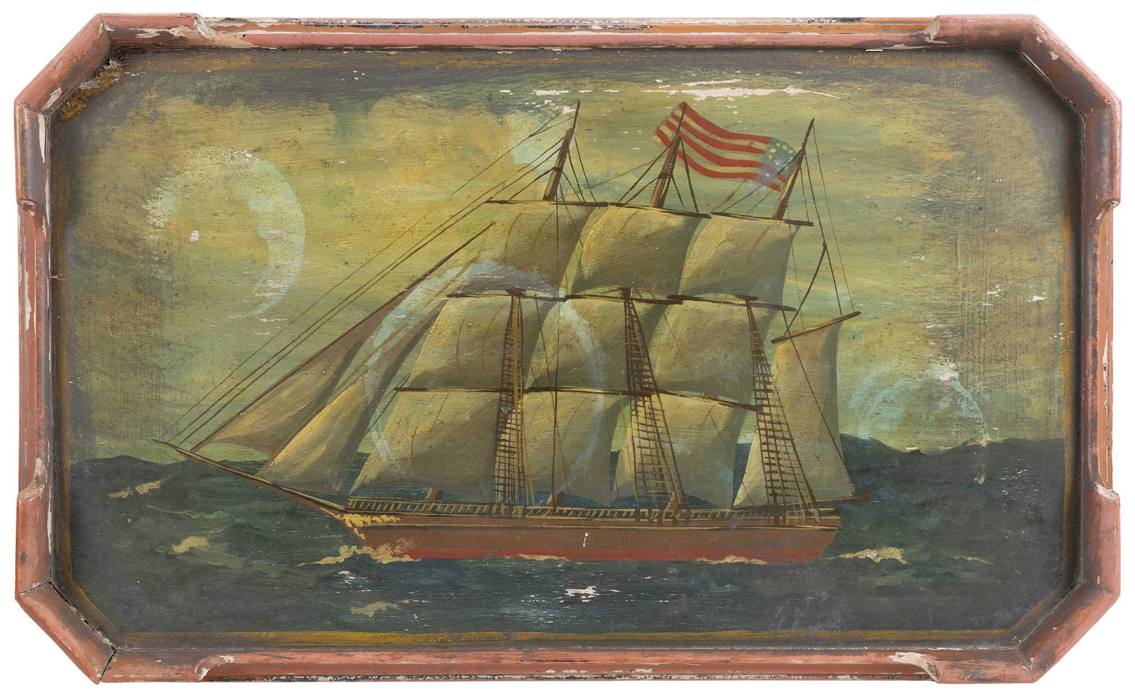 PAINTED PANEL DEPICTING AN AMERICAN THREE-MASTED SHIP 20th Century 16.75” x 27.25”. (1 of 2)