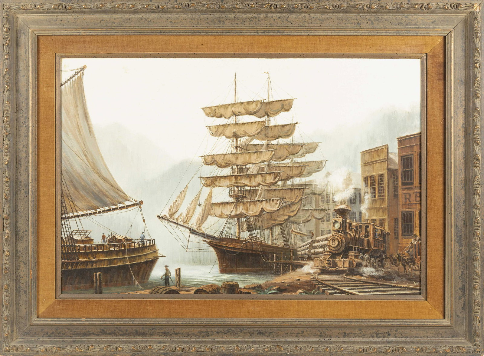 AMERICAN SCHOOL (20th Century,), “Age of Steam and Sail”., Oil on masonite, 24” x: AMERICAN SCHOOL20th Century“Age of Steam and Sail”. Signed lower right “Campbell”.Oil on masonite, 24” x 36”. Framed 35” x 47”.