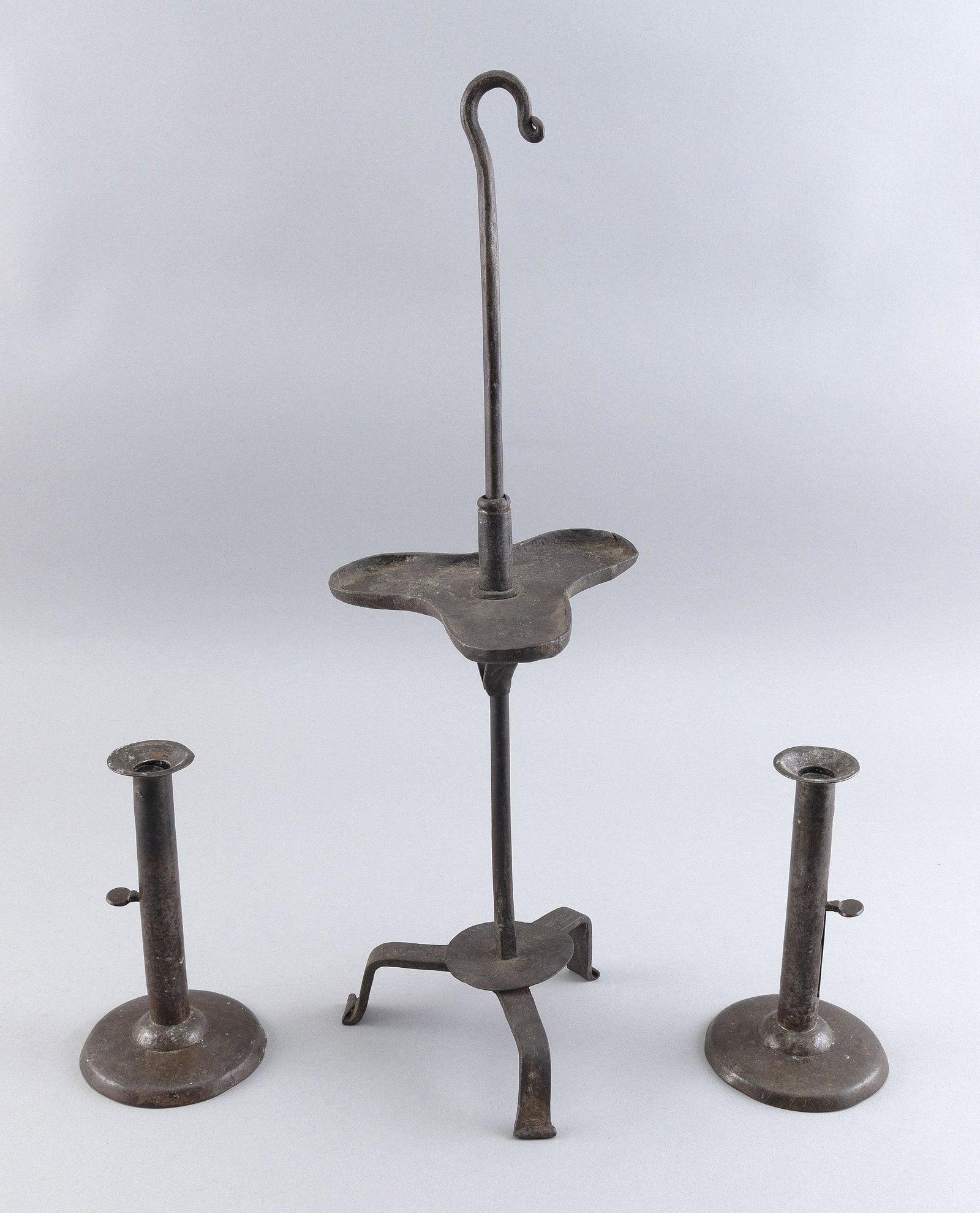 THREE PIECES OF EARLY LIGHTING 18th/Early 19th Century Lamp height 19.5”. Candlestick heights (1 of 1)