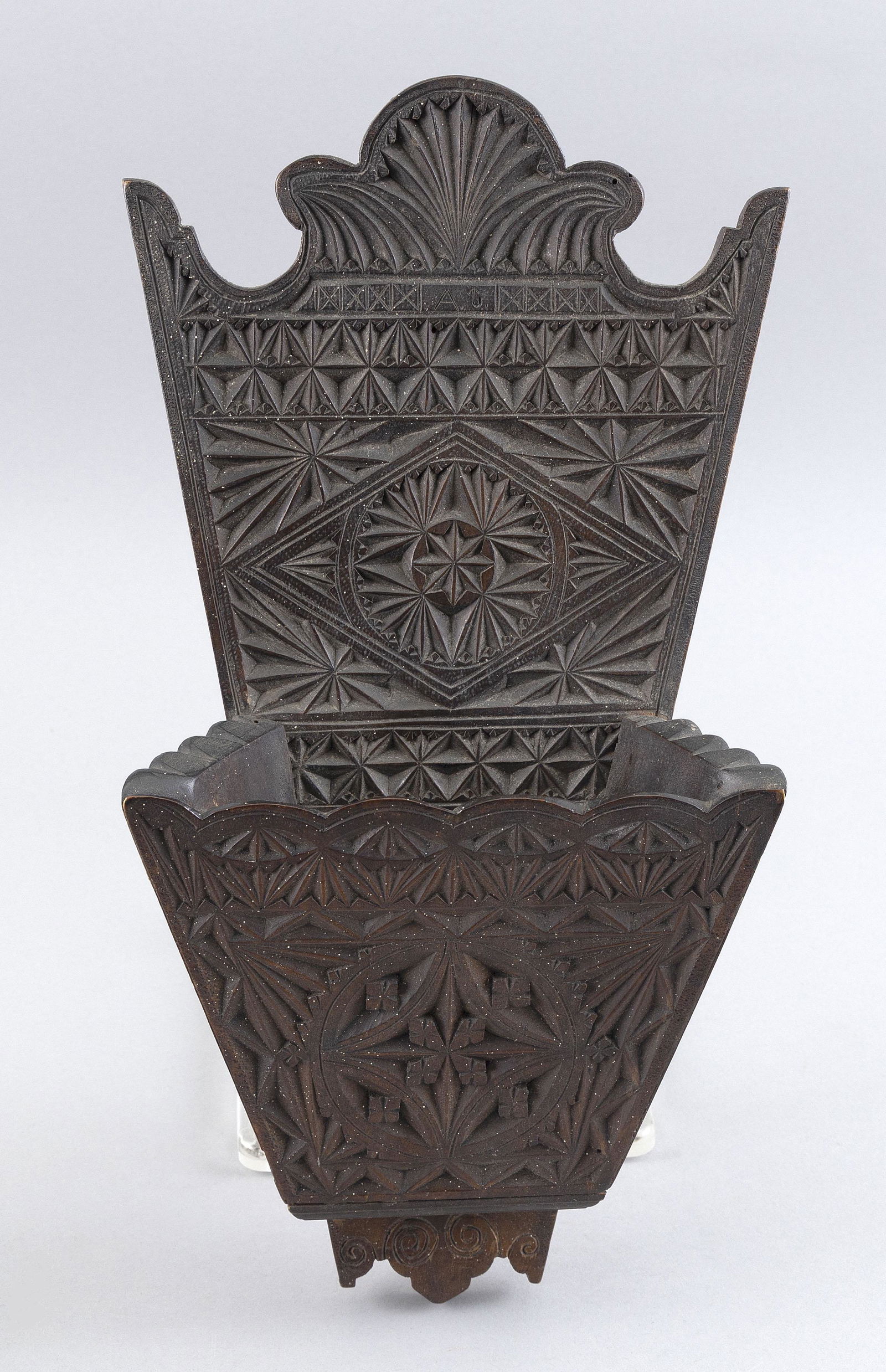 CARVED HARDWOOD WALL-MOUNTED BOX First Half of the 18th Century Height 13.25”. Width (1 of 2)