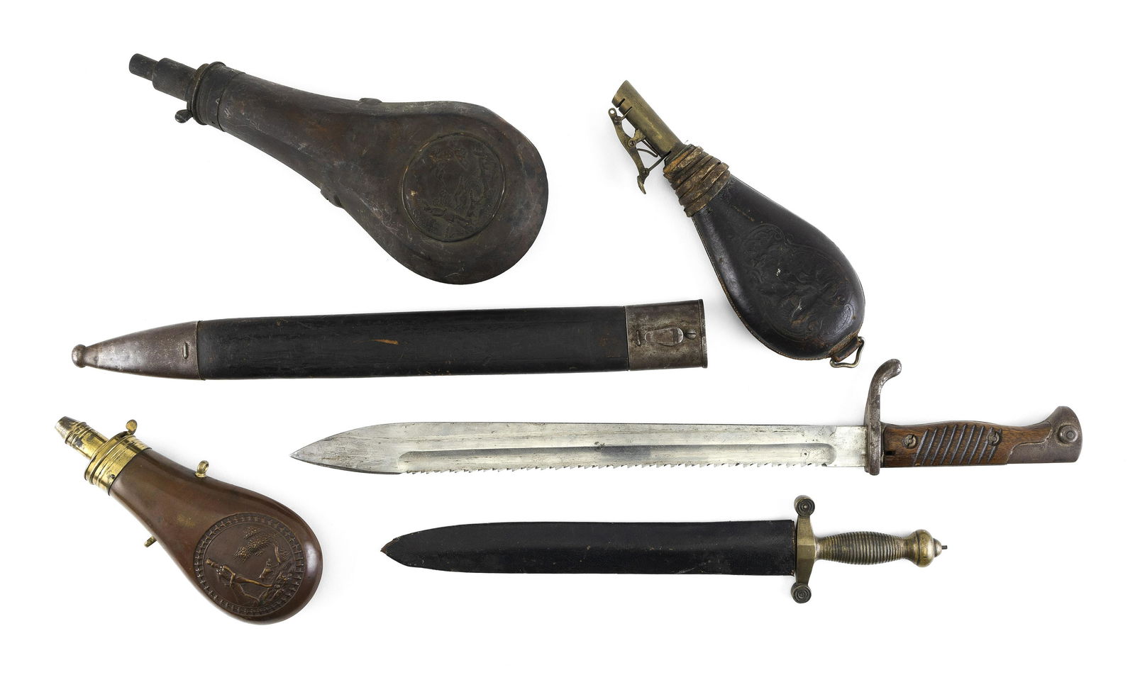 LOT OF MILITARIA 19th/20th Century Lengths from 7.5" to 20".: LOT OF MILITARIA19th/20th CenturyA German officer's dress dagger, a German bayonet, a Continental brass-handled dagger, two copper powder flasks and one leather powder flask.Lengths from 7.5" to
