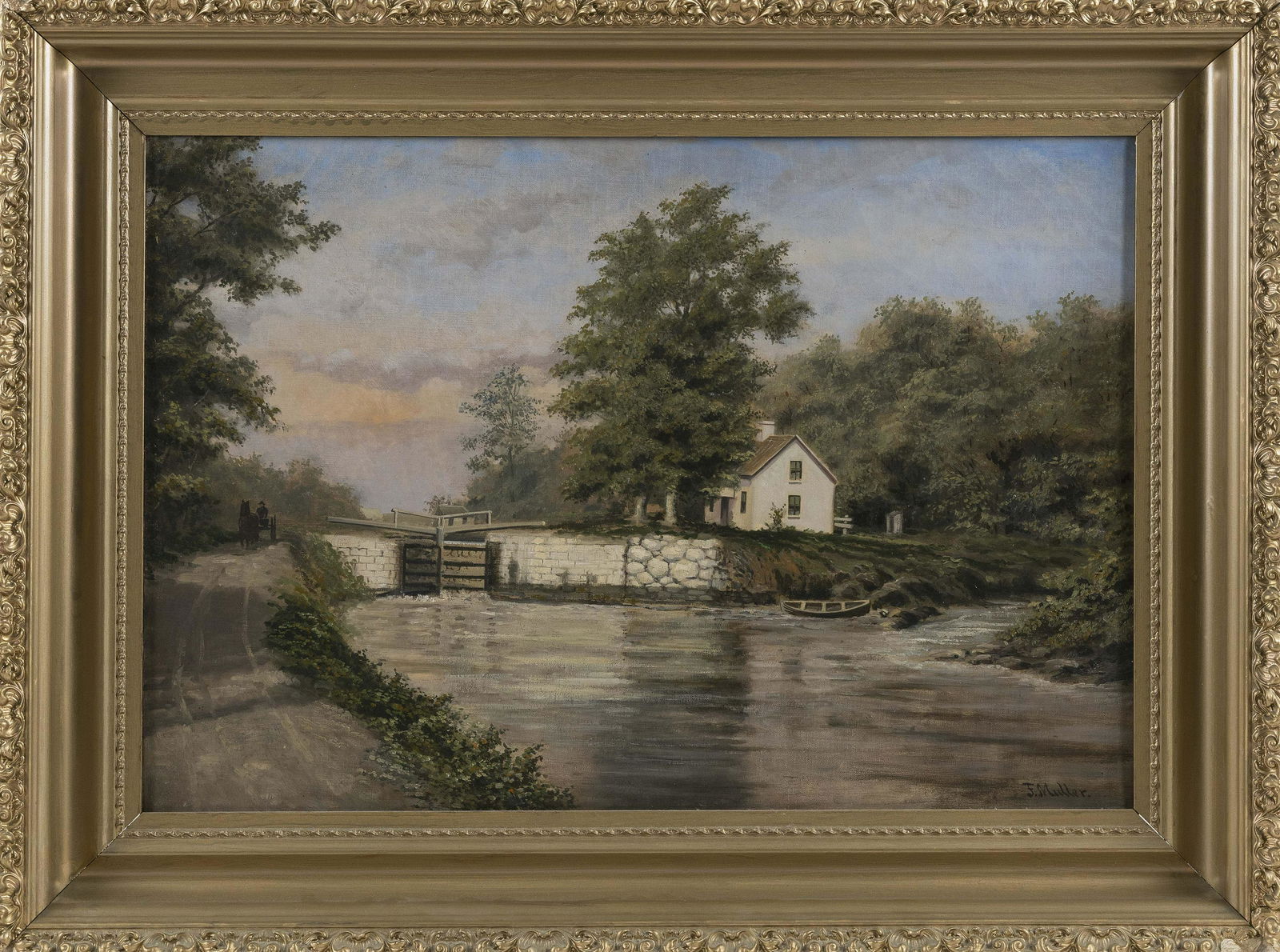 FRANK MULLER (Denmark/Washington, D.C., 1860-1938), A farmhouse by a dam., Oil on canvas, 18" x 26". (1 of 2)
