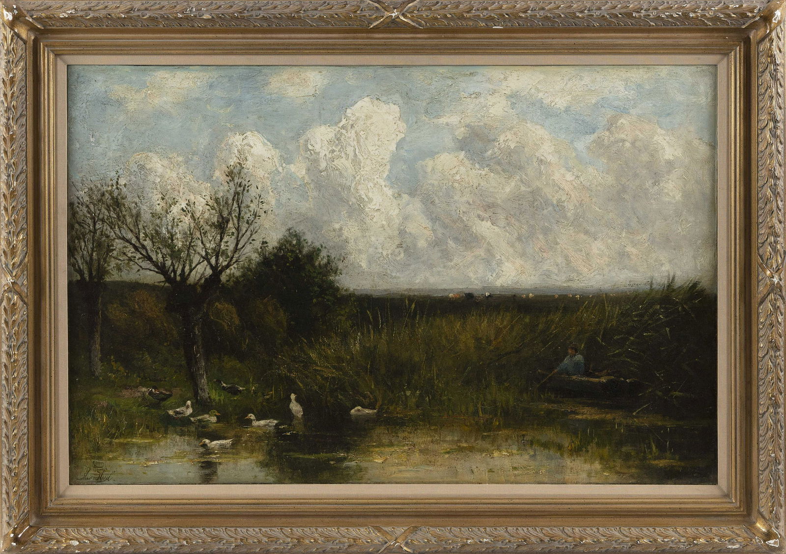 GERMAN SCHOOL (19th Century,), Dutch landscape with pond., Oil on canvas, 18.5" x 29". Framed 24" x (1 of 2)