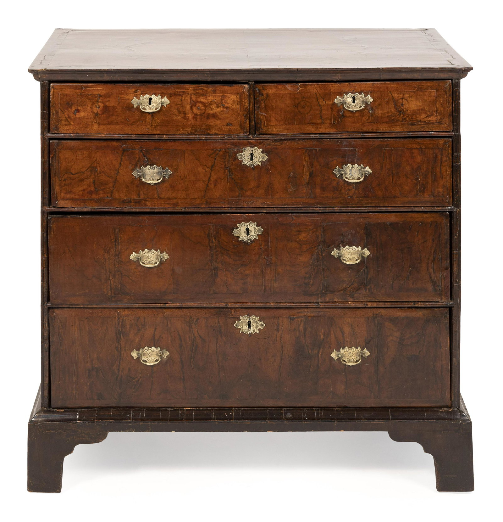 ENGLISH FIVE-DRAWER BUREAU 19th Century Height 37.5”. Width 37”. Depth 20”.: ENGLISH FIVE-DRAWER BUREAU 19th Century In burled walnut veneer and walnut. Two half drawers over three graduated full-width drawers. Flat bracket base. Height 37.5”. Width 37”. Depth 20&#