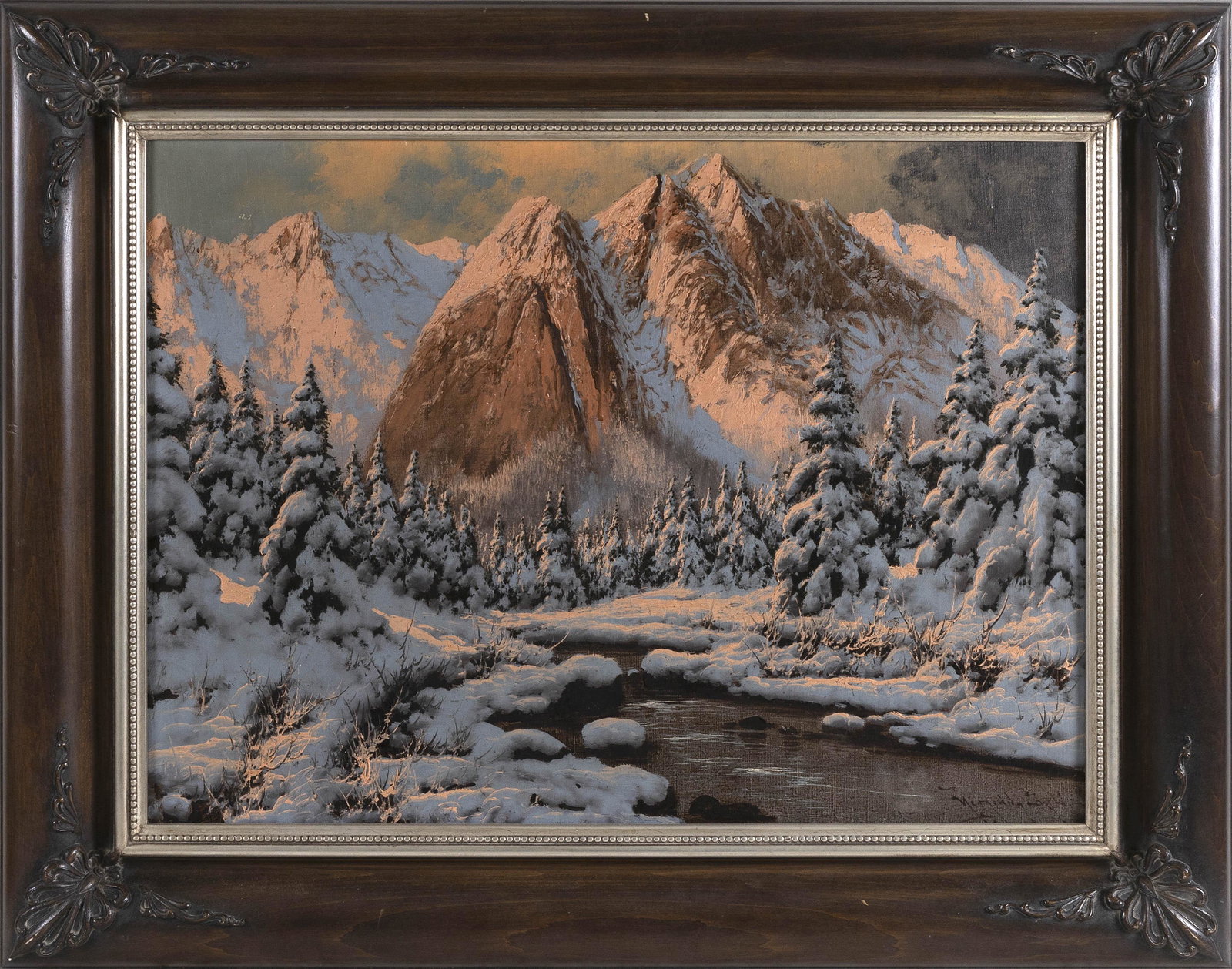 LAZLO NEOGRADY (Hungary, 1896-1962), Mountainous winter landscape.: LAZLO NEOGRADY Hungary, 1896-1962 Mountainous winter landscape. Signed â€œNeogrady Lazlo” in oil, lower right. Oil on canvas 24” x 32”. Framed 32.5” x 40.5”.