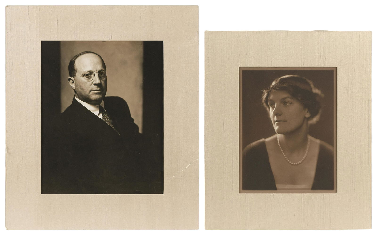 PAIR OF FORMAL PORTRAITS OF EUGENE I. MEYER AND HIS WIFE AGNES ERNST MEYER Circa 1930 Platinum: PAIR OF FORMAL PORTRAITS OF EUGENE I. MEYER AND HIS WIFE AGNES ERNST MEYERCirca 1930Portrait of Eugene Meyer by Edward Steichen (New York/Connecticut/France, 1879-1973). Portrait of Agnes by Harris &