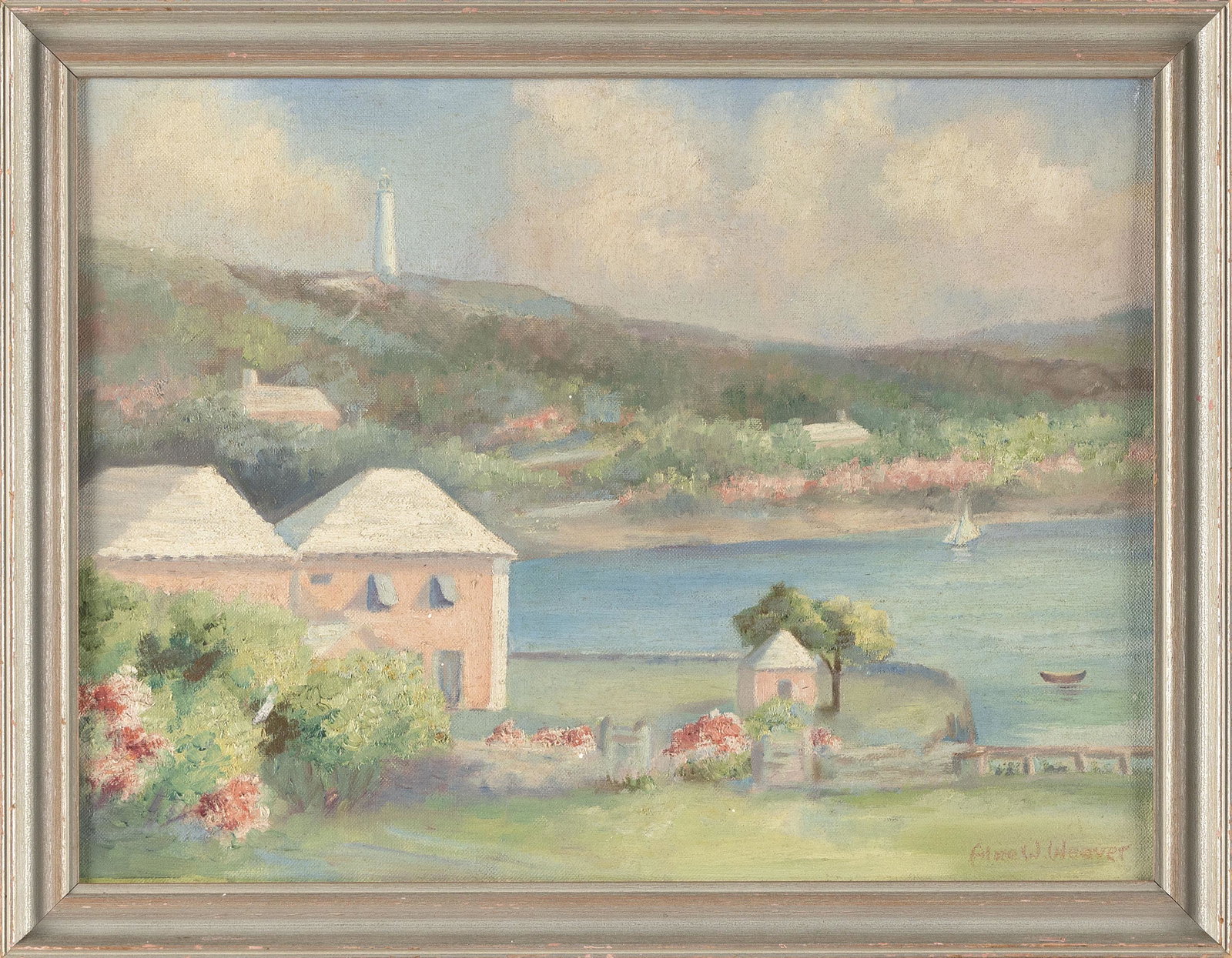 BERMUDA SCHOOL (20th Century,), "Bermuda - Water Lot Inn"., Oil on board, 12" x 16". Framed 14" x: BERMUDA SCHOOL 20th Century "Bermuda - Water Lot Inn". Signed lower right "Alice W. Weaver" (signature untraced, a copy of a painting by Ethel Tucker). Oil on board, 12" x 16". Framed 14" x 18".