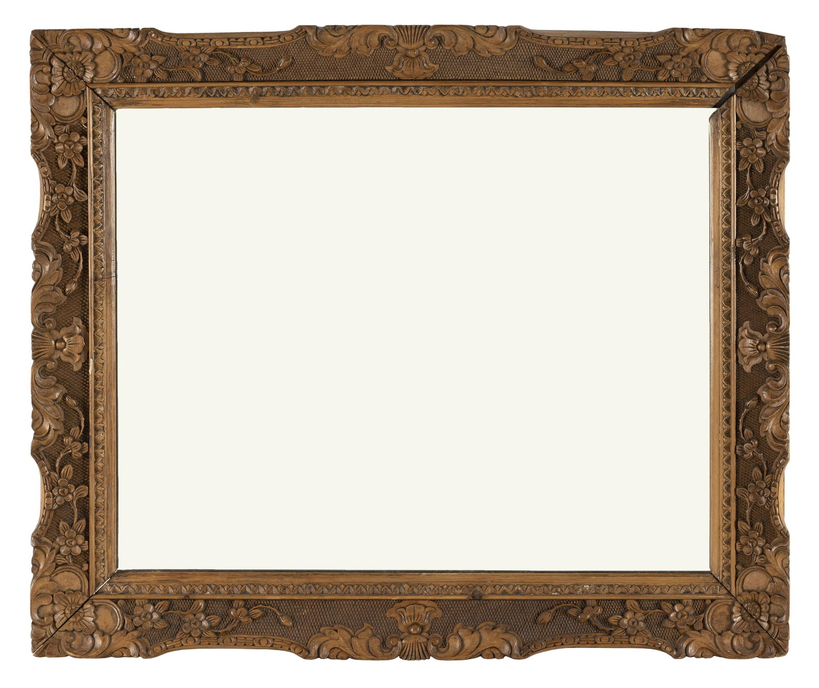 HAND-CARVED FRAME INSET WITH A MIRROR 19th Century Height 24”. Width 29”.: HAND-CARVED FRAME INSET WITH A MIRROR 19th Century Frame with floral and scroll carving. Height 24”. Width 29”.