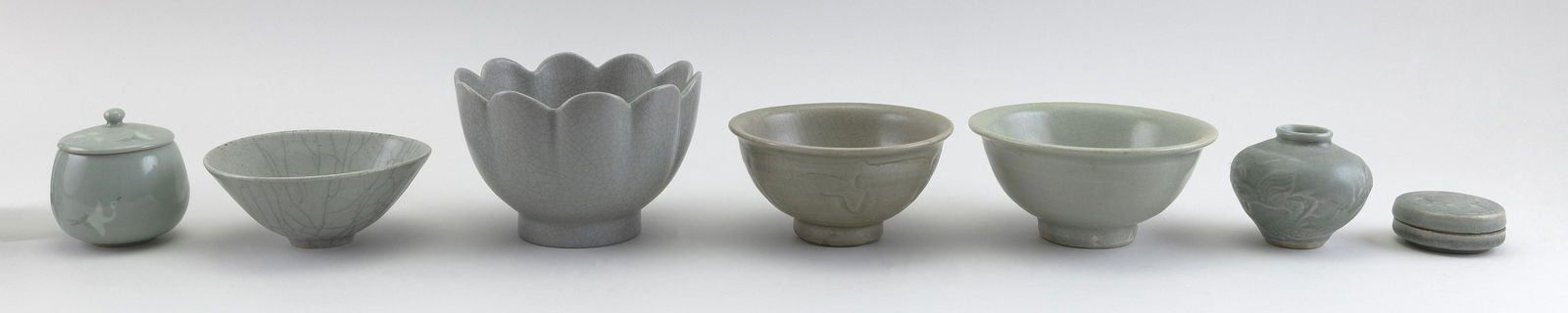 SEVEN PIECES OF CHINESE AND KOREAN CELADON PORCELAIN 20th Century Bowl heights from 3" to 4". Vase (1 of 2)
