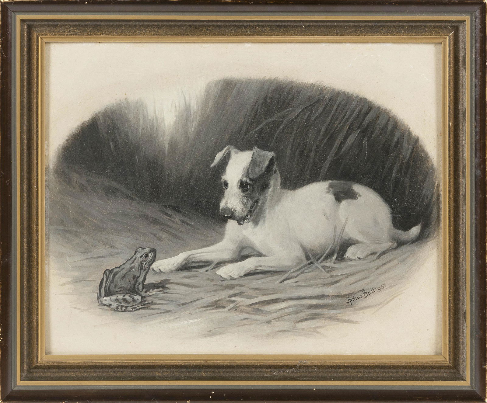 ARTHUR BATT (United Kingdom, 1846-1911), A dog and a toad., Oil on board, 9.5” x 12”. (1 of 2)
