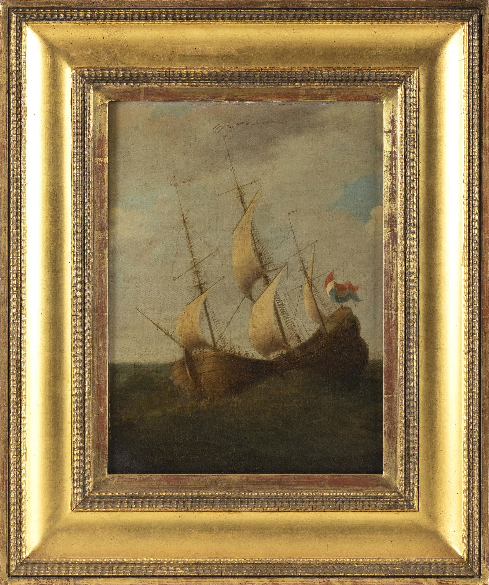 DUTCH SCHOOL (19th Century or Earlier,), A ship riding a wave., Oil on canvas, 14.75" x 10.5". (1 of 2)