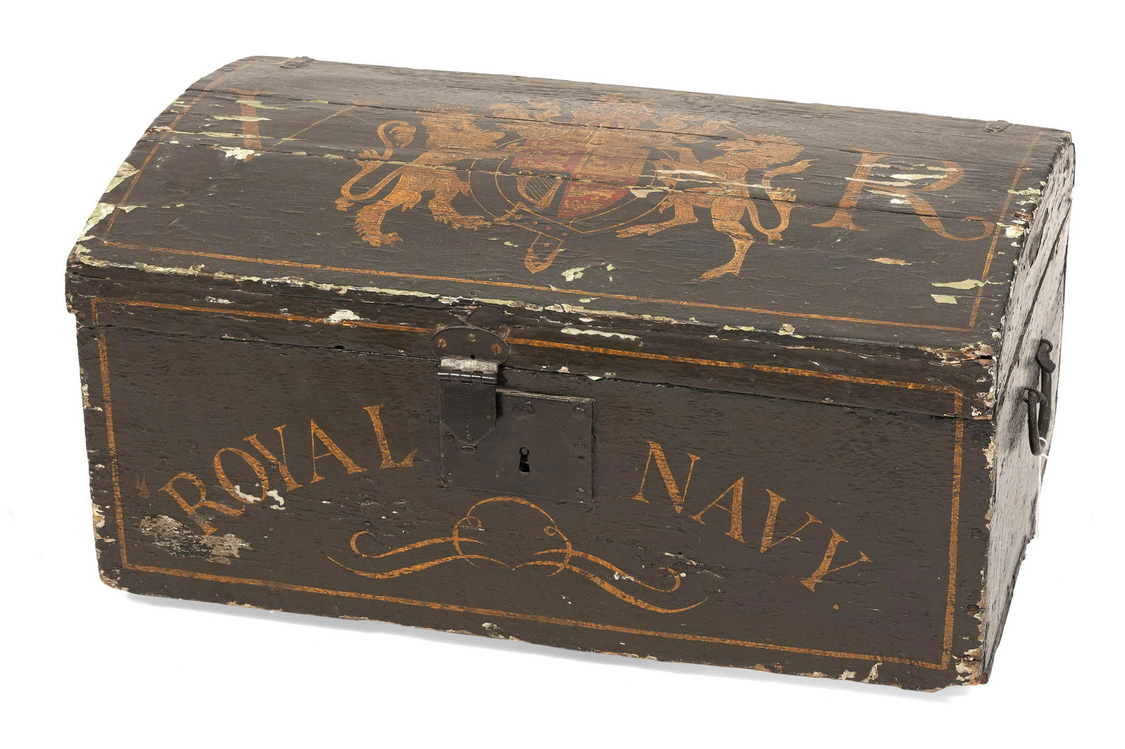 DOME-TOP TRUNK 19th Century Height 14”. Width 27”. Depth 16”.: DOME-TOP TRUNK19th Century20th Century decoration of "V" and "R" flanking a coat of arms on the lid and “Royal Navy” on the front.Height 14”. Width 27”. Dep