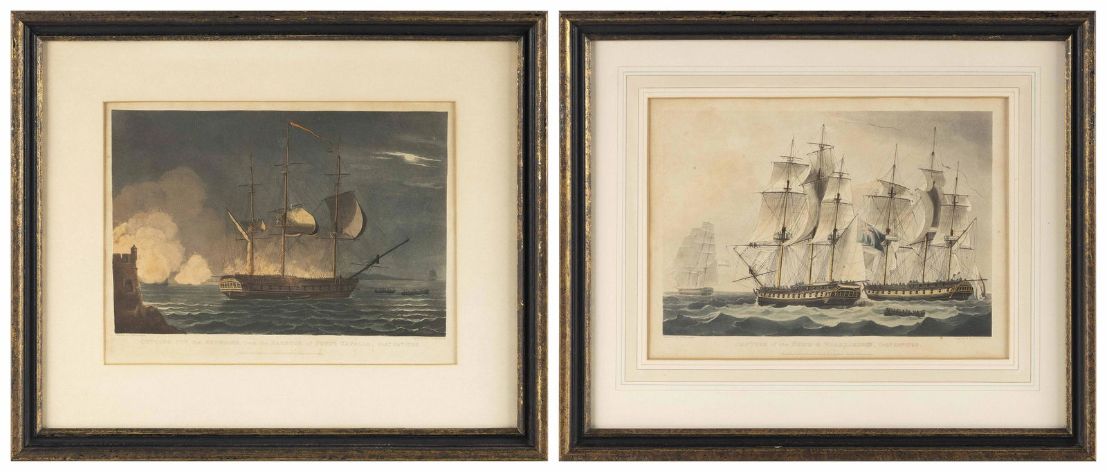 PAIR OF NAVAL PRINTS 19th Century Framed 14” x 16.5”.: PAIR OF NAVAL PRINTS19th CenturyTaken from paintings by Thomas Whitcombe.Framed 14” x 16.5”.