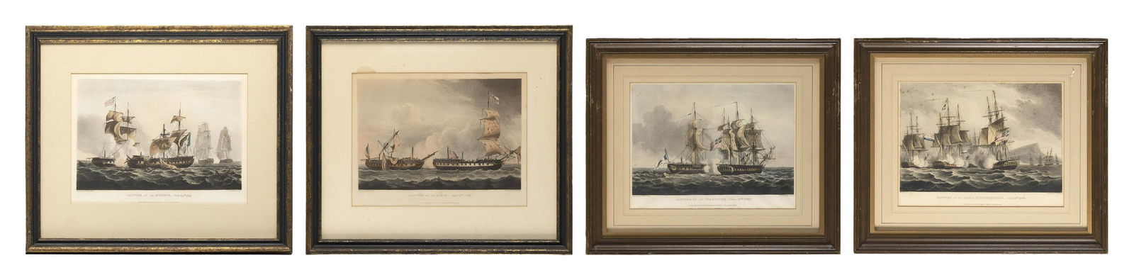 FOUR NAVAL BATTLE PRINTS 19th Century Framed 13.25” x 16.25”.: FOUR NAVAL BATTLE PRINTS19th CenturyAfter paintings by Thomas Whitcombe.Framed 13.25” x 16.25”.
