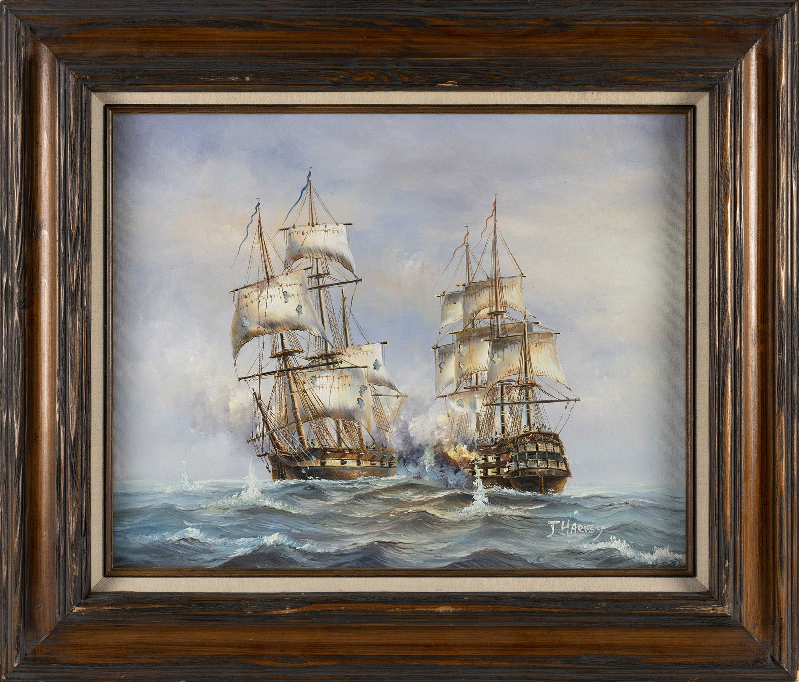 AFTER JAMES HARVEY (America, Late 20th Century), Naval engagement between two ships., Oil on canvas, (1 of 2)