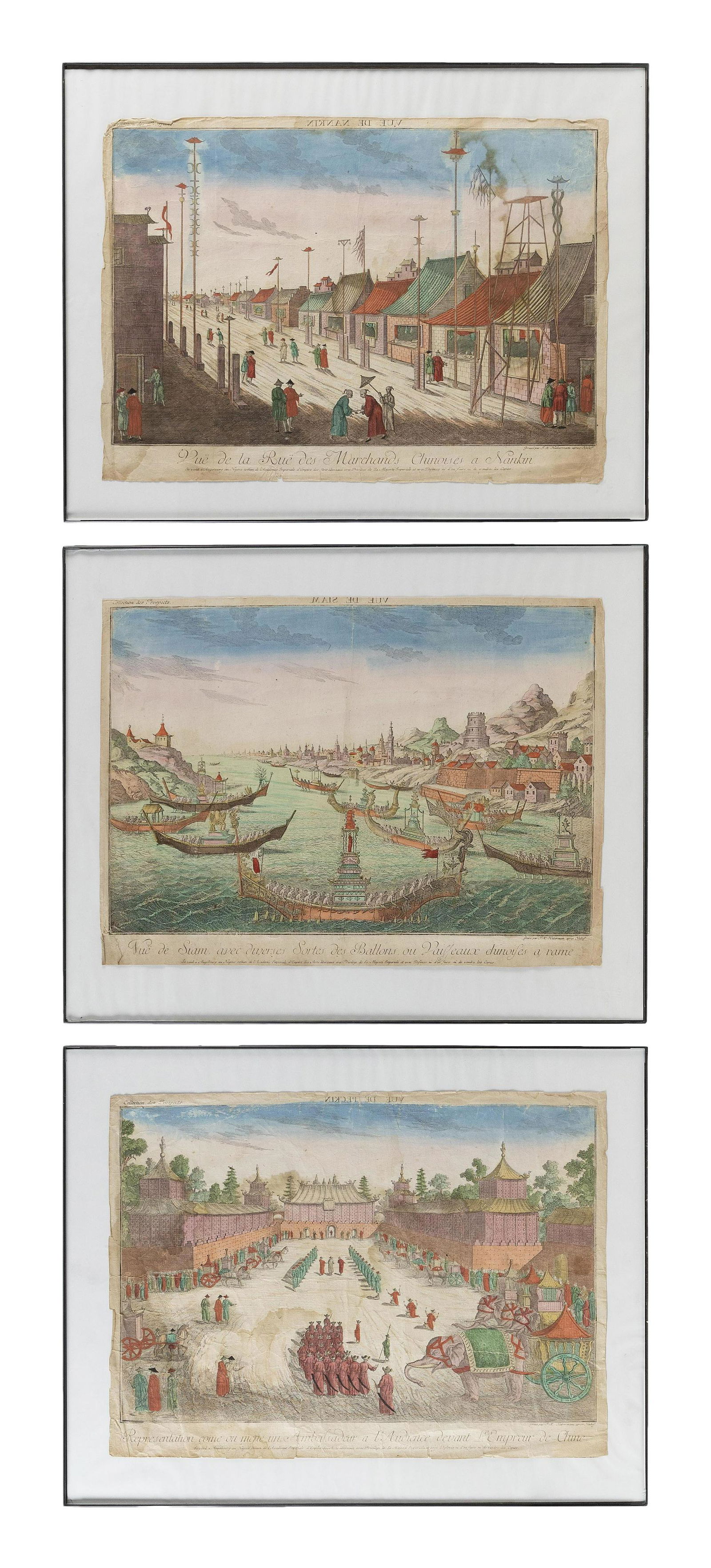 SET OF THREE CHINA TRADE HAND-COLORED ENGRAVINGS 18th Century Each approx. 13” x 17”. (1 of 2)