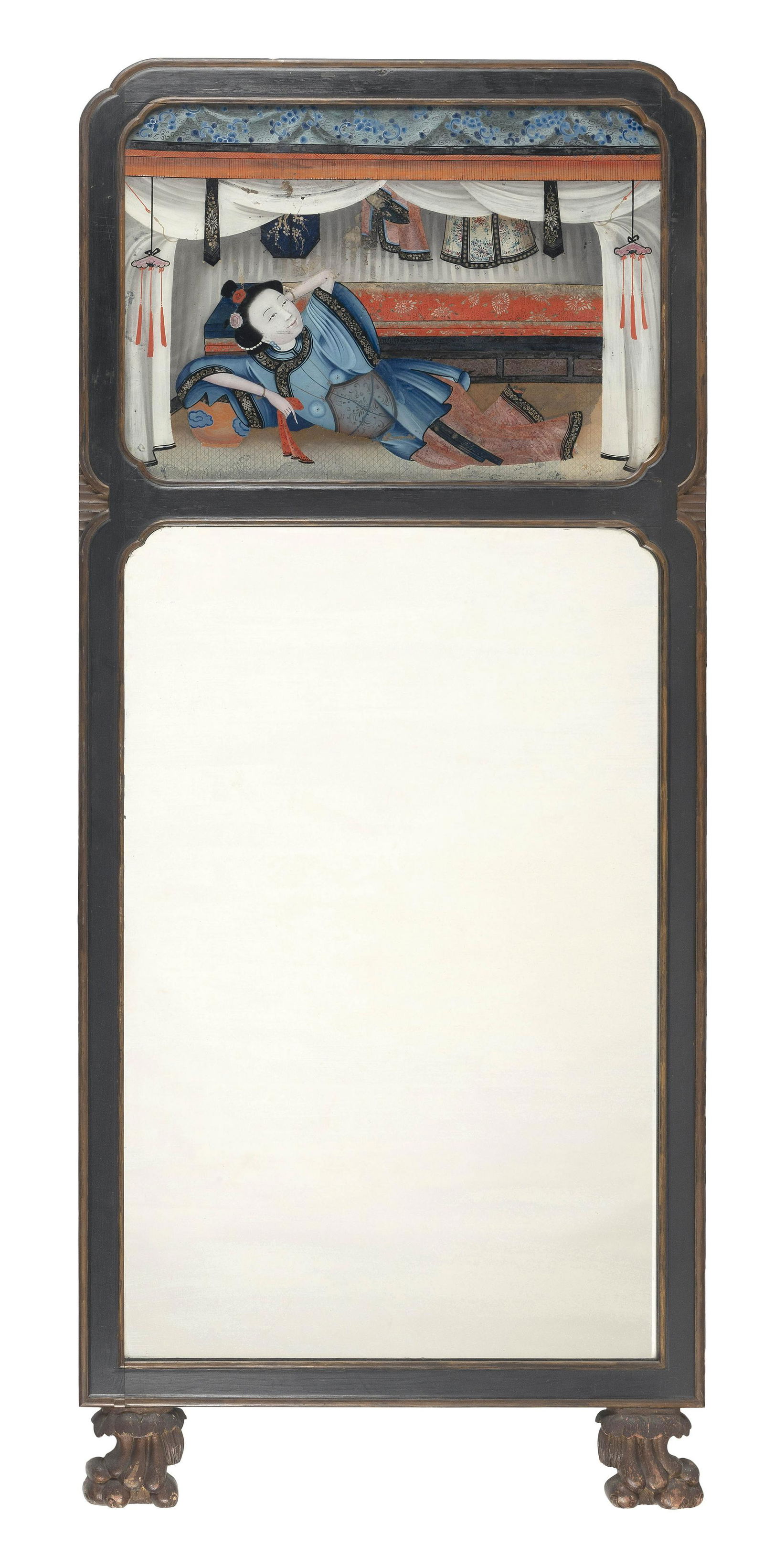 CHINESE EXPORT REVERSE-PAINTED GLASS MIRROR Early 20th Century Height 53". Width 23". (1 of 1)