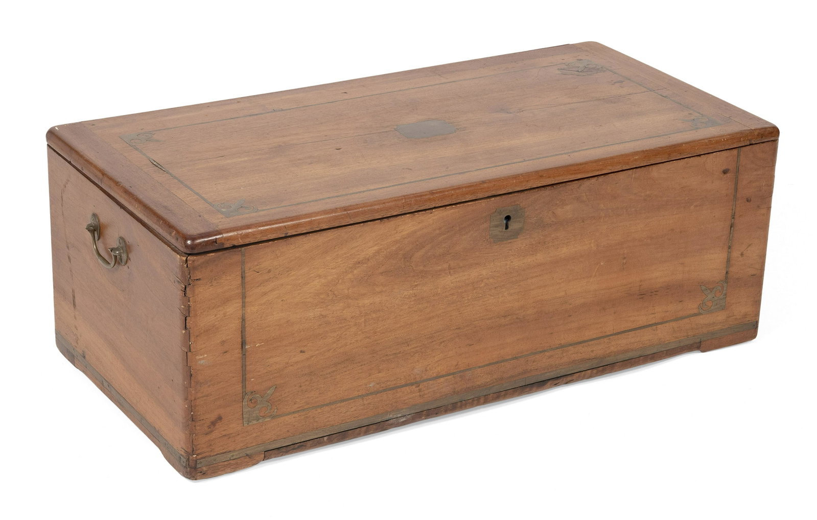 CAMPHORWOOD CHEST China, 19th Century Height 13". Width 37". Depth 18".: CAMPHORWOOD CHEST China, 19th Century Brass banding and handles. Height 13". Width 37". Depth 18".