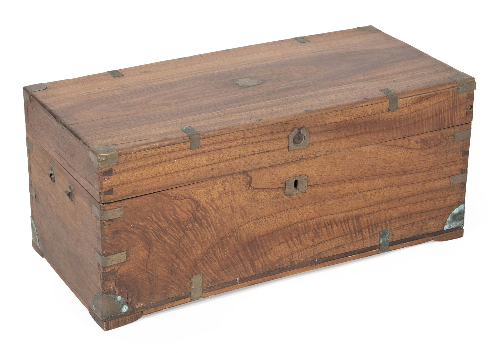 CHINESE CAMPHORWOOD TRUNK 19th Century Height 13.5”. Width 31.25”. Depth 15”.: CHINESE CAMPHORWOOD TRUNK 19th Century Dovetail construction. Brass corners and bail handles. Interior with small till. Height 13.5”. Width 31.25”. Depth 15”.