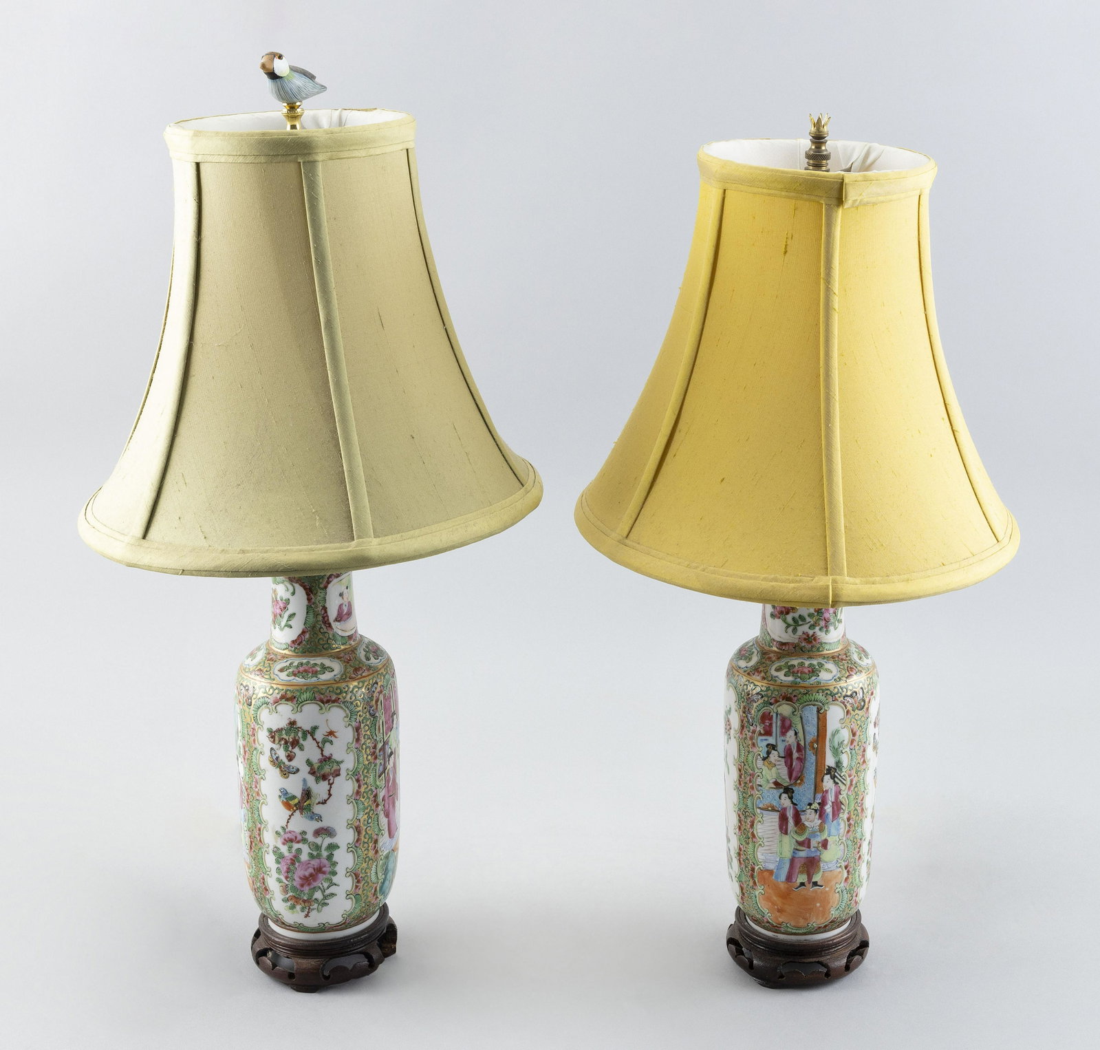 PAIR OF CHINESE EXPORT ROSE MEDALLION PORCELAIN VASES MOUNTED AS TABLE LAMPS Last Half of the 19th: PAIR OF CHINESE EXPORT ROSE MEDALLION PORCELAIN VASES MOUNTED AS TABLE LAMPS Last Half of the 19th Century Figural and bird decoration. Vase heights 10”. Total heights with shades 19”.