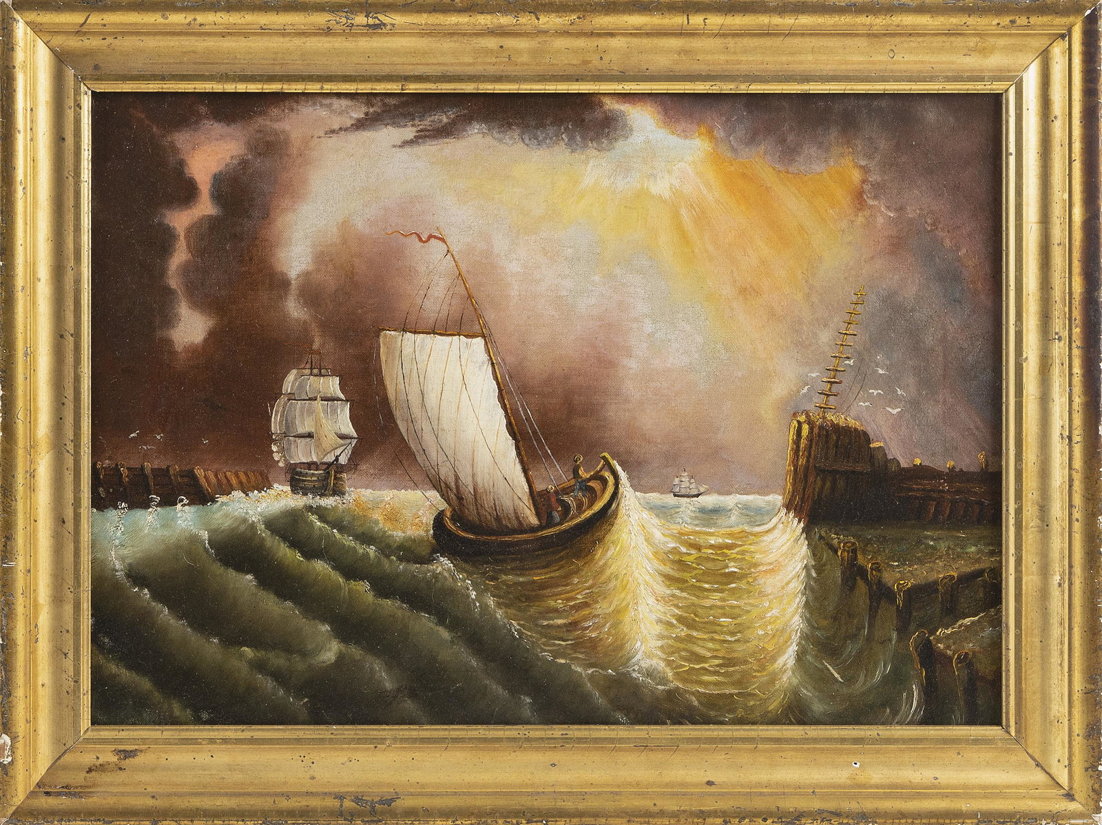 AMERICAN SCHOOL (19th Century,), Primitive-style harbor scene at sunset., Oil on canvas, 14" x 20".: AMERICAN SCHOOL 19th Century Primitive-style harbor scene at sunset. Unsigned. Oil on canvas, 14" x 20". Framed 17" x 23".