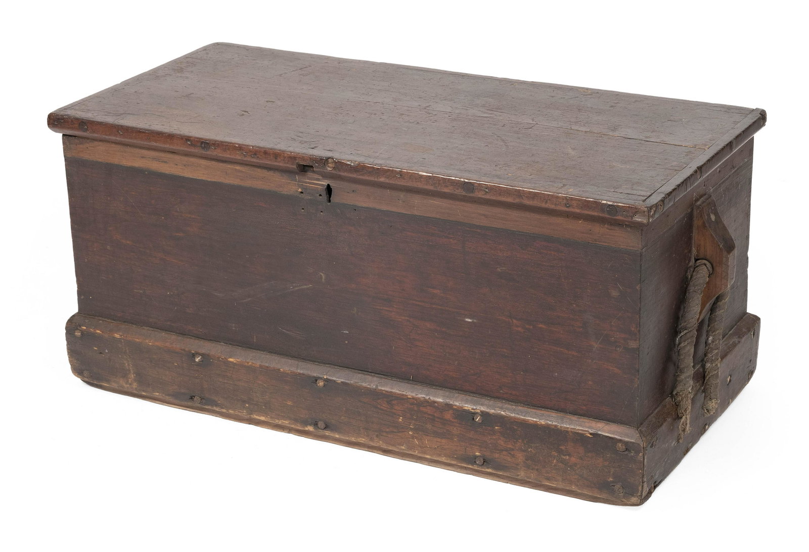 SEA CHEST 19th Century Height 18.5”. Width 39.5”. Depth 18.5”.: SEA CHEST 19th Century Hardwood with an old mellow finish. Dovetail construction. Interior découpaged with 19th Century prints and fitted with a lidded till. Ropework beckets. Height 18.5”.