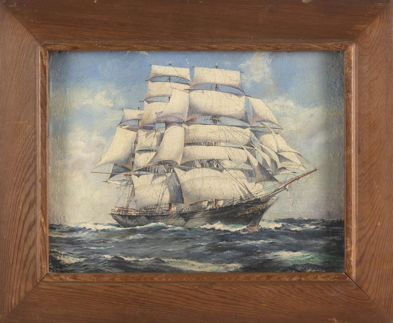 AMERICAN SCHOOL (20th Century,), Clipper ship at sea., Oil on canvas, 10" x 14". Framed 15" x 18.5". (1 of 2)