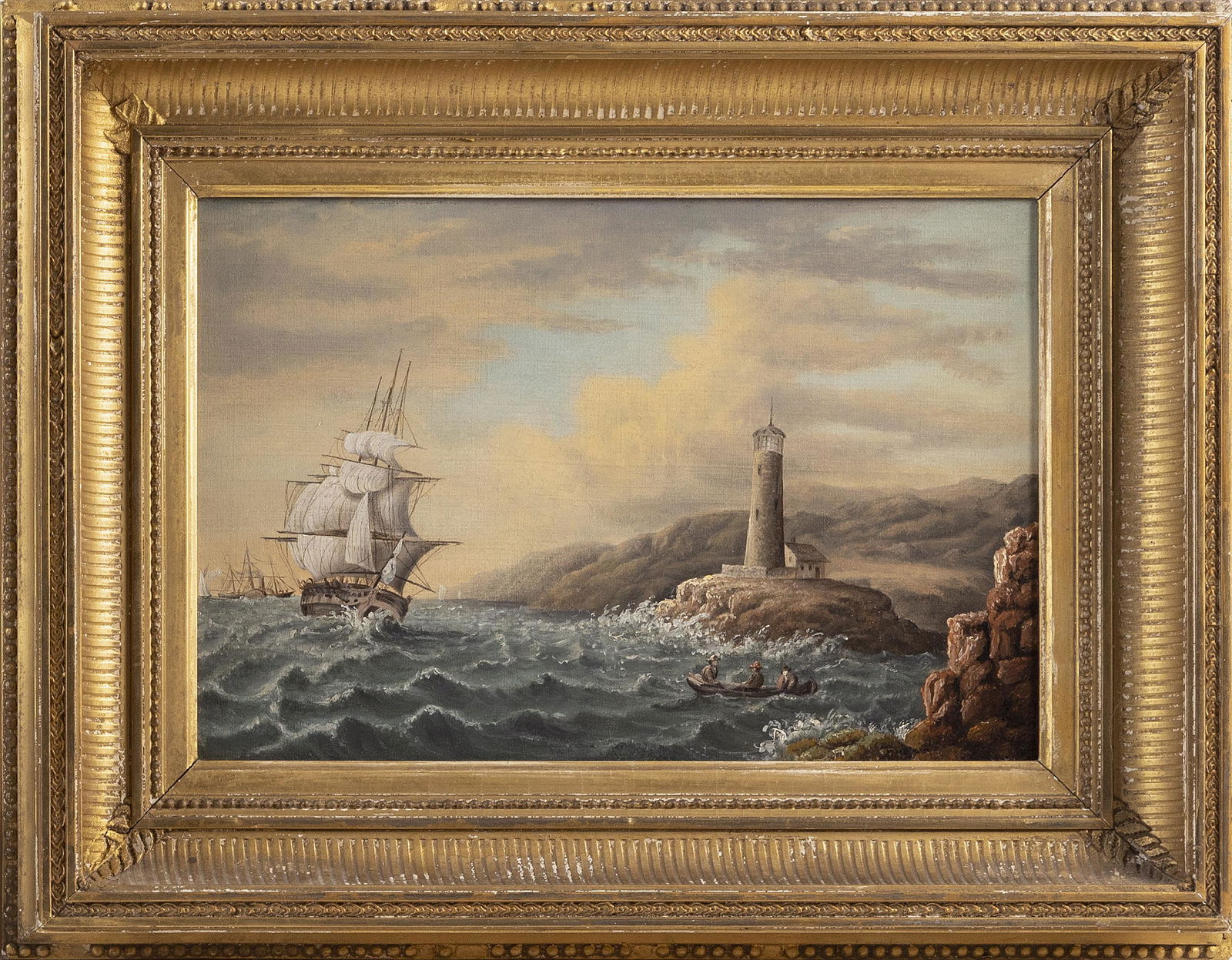 AMERICAN SCHOOL (19th Century,), Coastal scene with a ship and a lighthouse., Oil on canvas, 9" x (1 of 2)