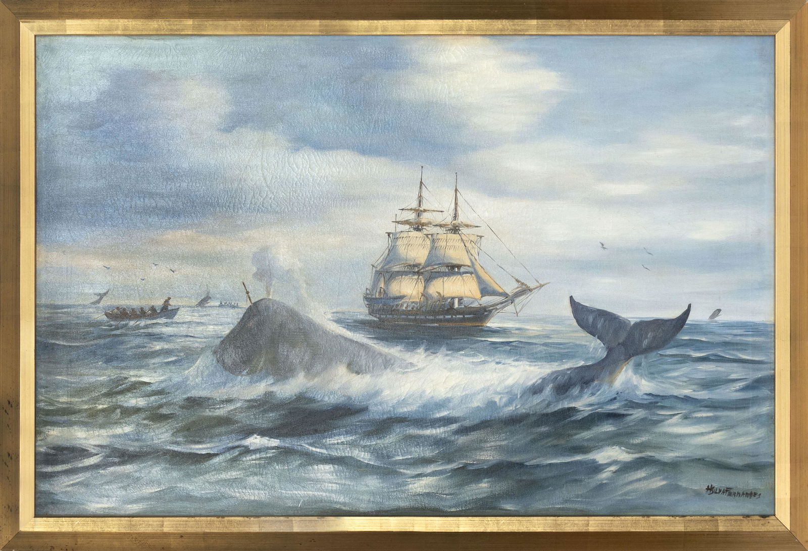H. SILVA FERNANDES (Massachusetts, 20th Century), Whaling scene., Oil on canvas, 31" x 48". Framed (1 of 2)