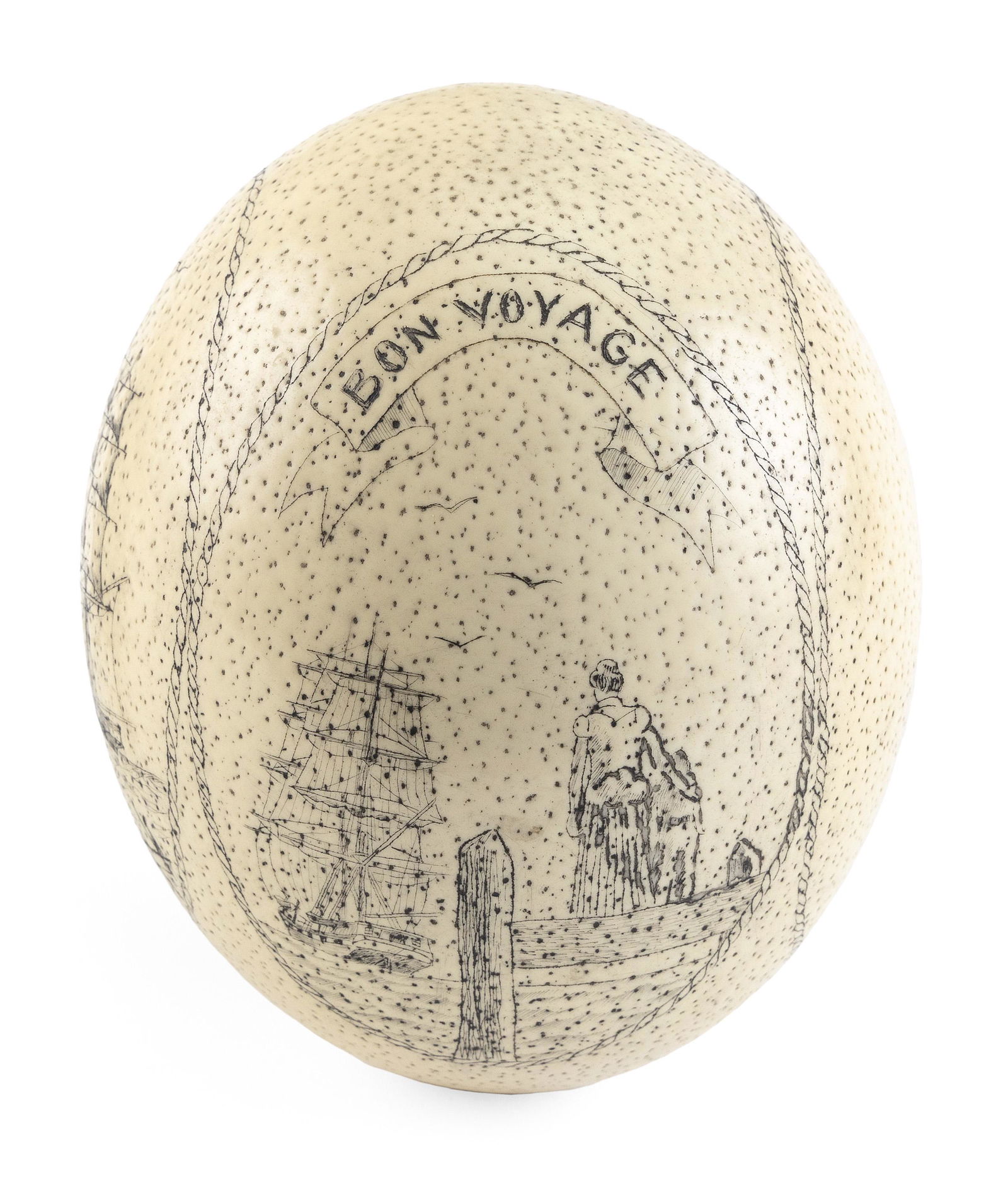 ENGRAVED OSTRICH EGG 20th Century Height 6". Diameter approx. 4.75". (1 of 4)