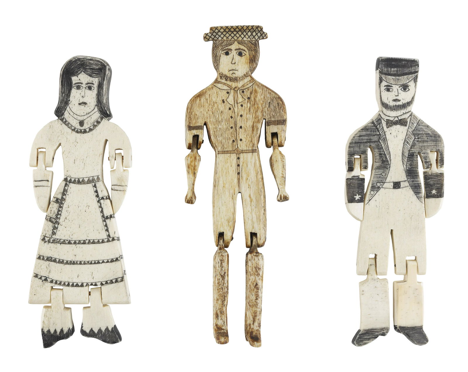 * THREE WHALEBONE ARTICULATED FIGURES 20th Century Heights from 7" to 7.5". (1 of 2)