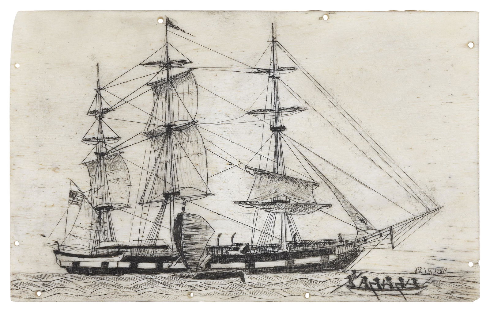 * ENGRAVED PANBONE PLAQUE BY J.R. LAUBIN 20th Century 4.25" x 7". (1 of 2)