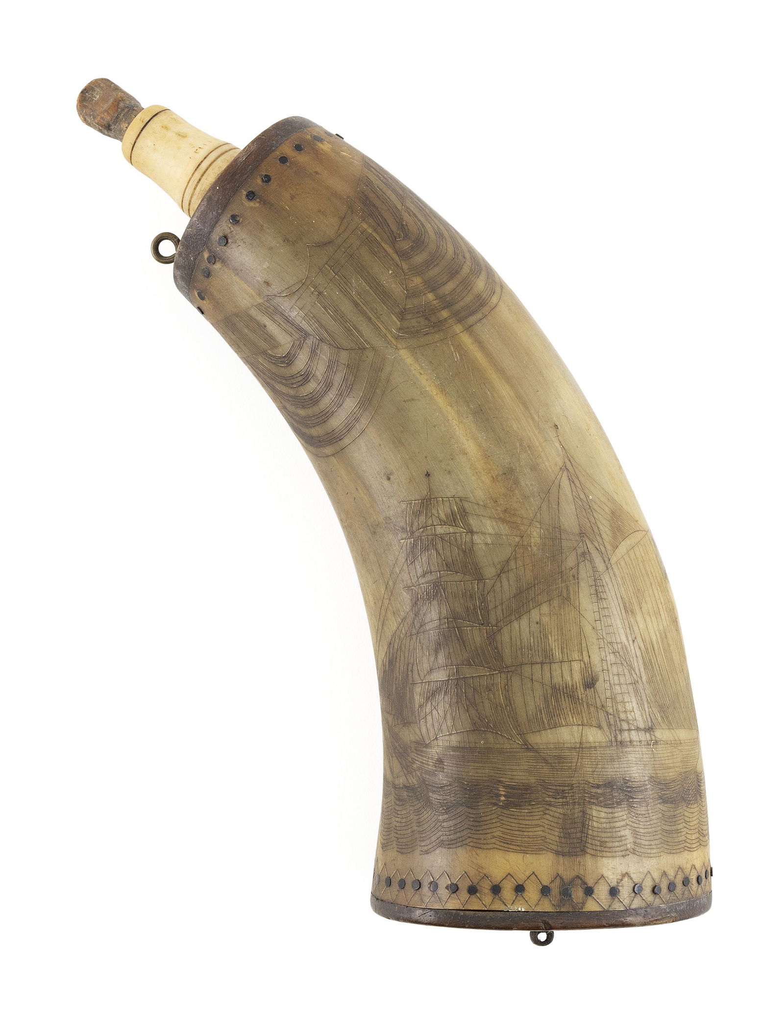 ENGRAVED POWDERHORN First Half of the 19th Century Length 9.5”.: ENGRAVED POWDERHORNFirst Half of the 19th CenturyObverse depicts American flags over a two-masted American-flagged bark. Reverse with a wreath encircling an anchor.Length 9.5”.