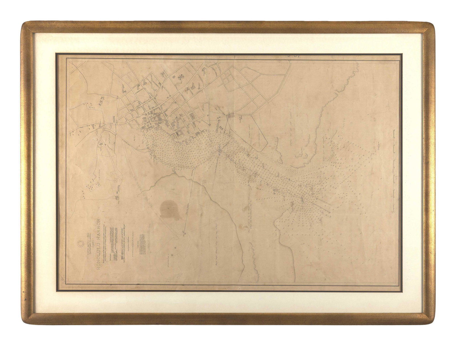 MAP OF HONOLULU HARBOR 1892 40.5" x 28.5" sight. Framed 49.25" x 36.75".: MAP OF HONOLULU HARBOR 1892 "North Pacific Ocean Hawaiian Islands Oahu", from a survey in November and December 1892 received from the U.S.S. Boston, Captain G.C. Wiltse, USN, Commanding. 40