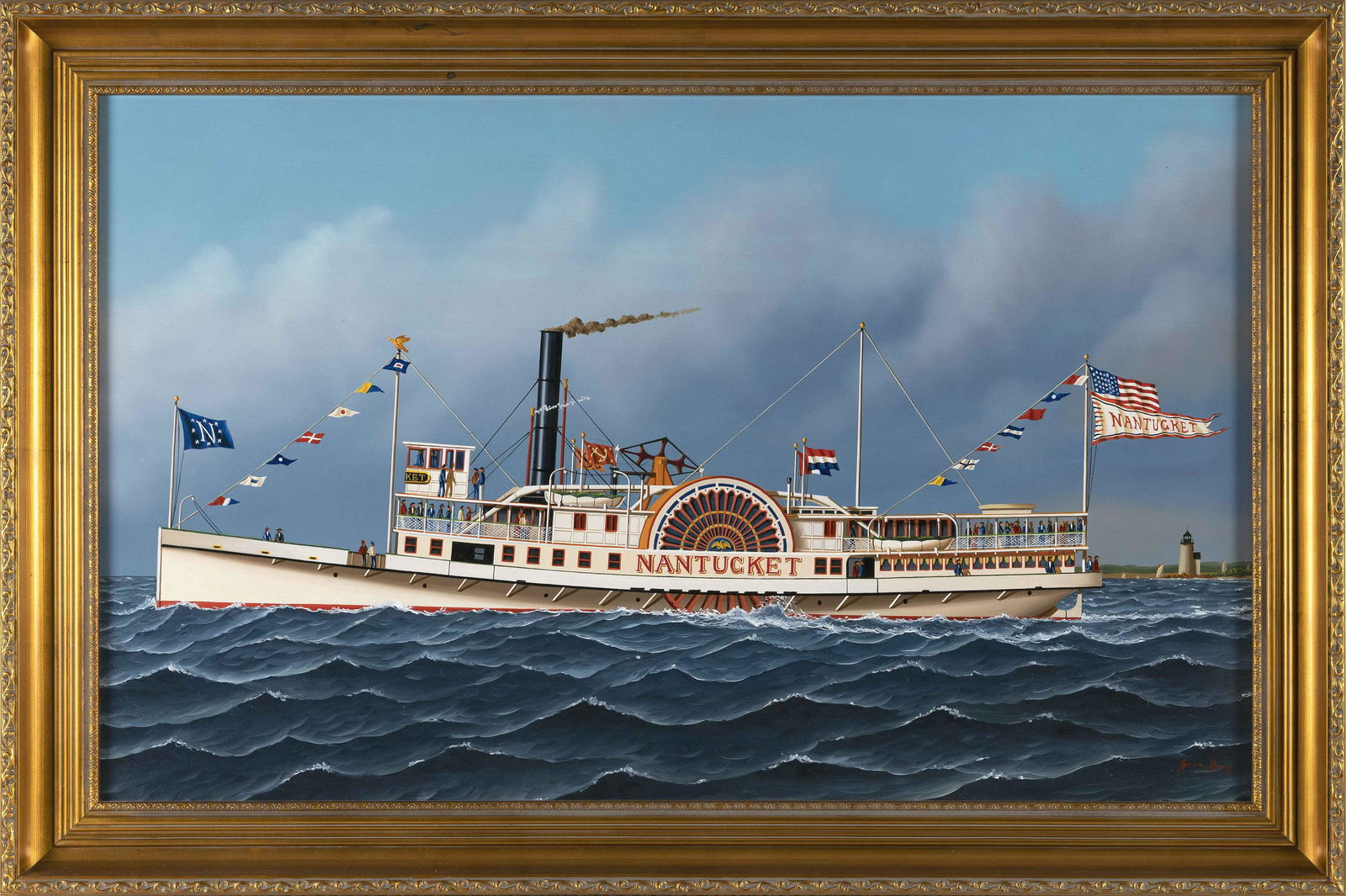 JEROME HOWES (New York/Massachusetts/Vermont, b. 1955), Portrait of the paddle wheeler Nantucket.,: JEROME HOWESNew York/Massachusetts/Vermont, b. 1955Portrait of the paddle wheeler Nantucket. Signed lower right “Jerome Howes”.Oil on masonite, 22” x 36”. Framed 27.5” x