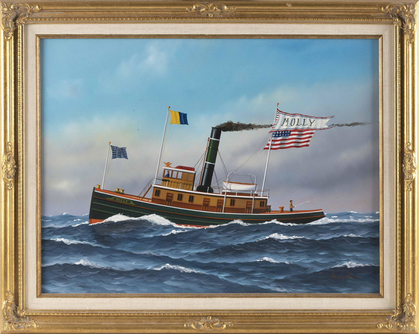 JEROME HOWES (New York/Massachusetts/Vermont, b. 1955), Portrait of the tugboat Molly., Oil on: JEROME HOWESNew York/Massachusetts/Vermont, b. 1955Portrait of the tugboat Molly. Signed lower right “Jerome Howes”.Oil on masonite, 18” x 24”. Framed 23” x 29”.