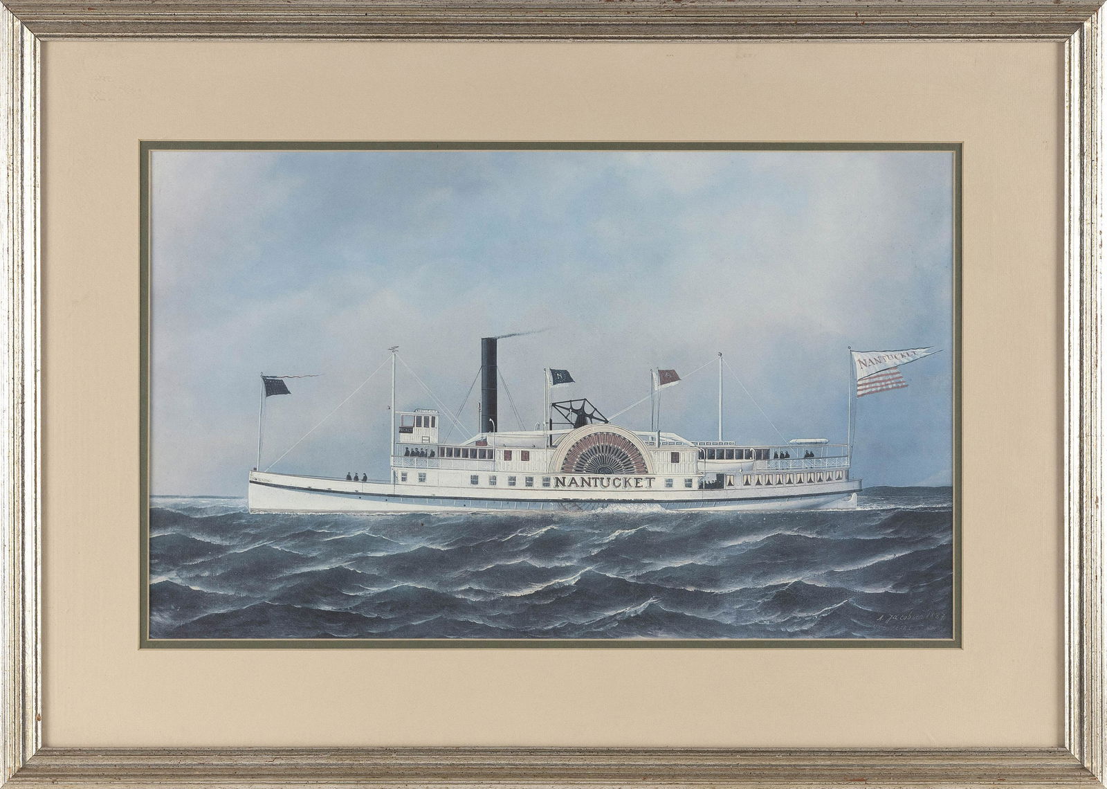 PRINT OF THE SIDEWHEEL STEAMER “NANTUCKET” 20th Century 13.5” x 22” sight.: PRINT OF THE SIDEWHEEL STEAMER “NANTUCKET”20th CenturyAfter the painting by Antonio Jacobsen.13.5” x 22” sight. Framed 22” x 31”.