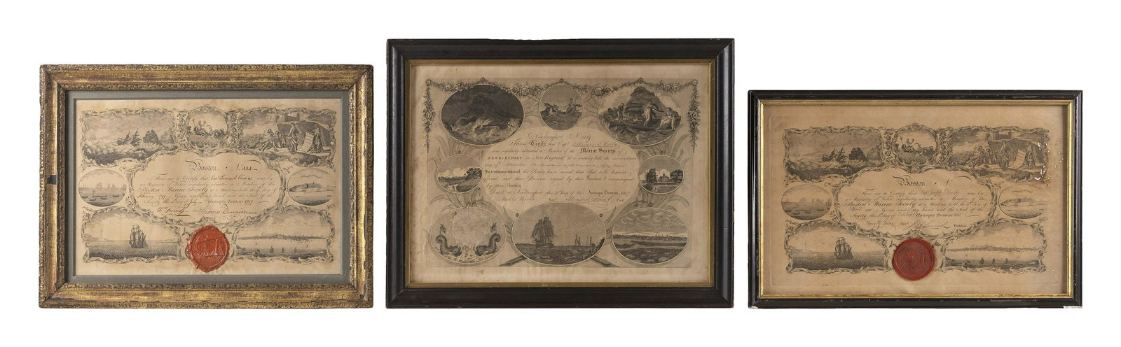 THREE MARINE SOCIETY CERTIFICATES 19th Century Engravings on paper, the largest 11" x 15.75" sight. (1 of 2)