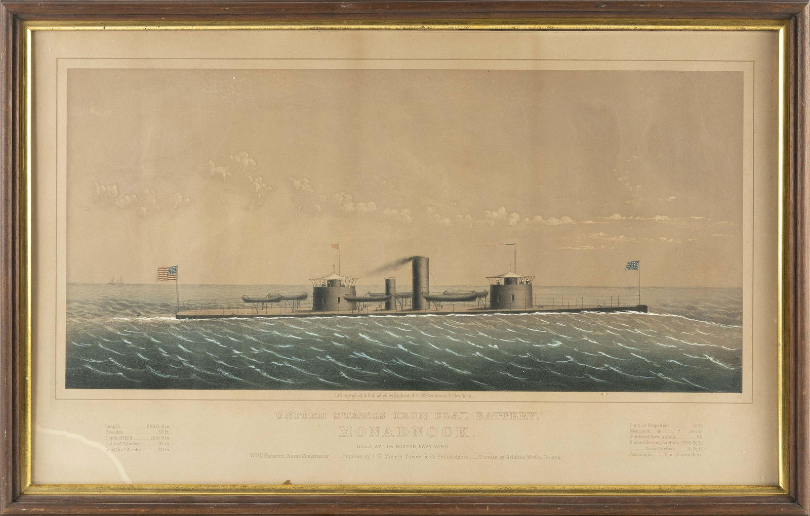 LITHOGRAPH “UNITED STATES IRON CLAD BATTERY, MONADNOCK” 19th Century 16.25” x (1 of 2)