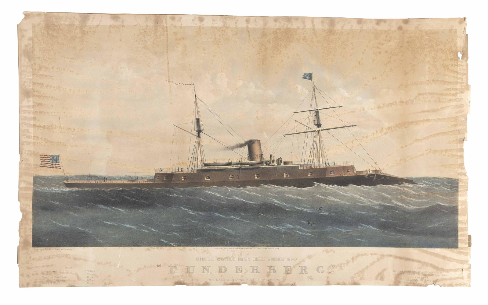 ENDICOTT & CO. HAND-COLORED LITHOGRAPH "UNITED STATES IRON-CLAD SCREW RAM 'DUNDERBERG'" Between 1867: ENDICOTT & CO. HAND-COLORED LITHOGRAPH "UNITED STATES IRON-CLAD SCREW RAM 'DUNDERBERG'" Between 1867 and 1870 Inscribed along the bottom margin "sketched and drawn on stone by Parsons&q