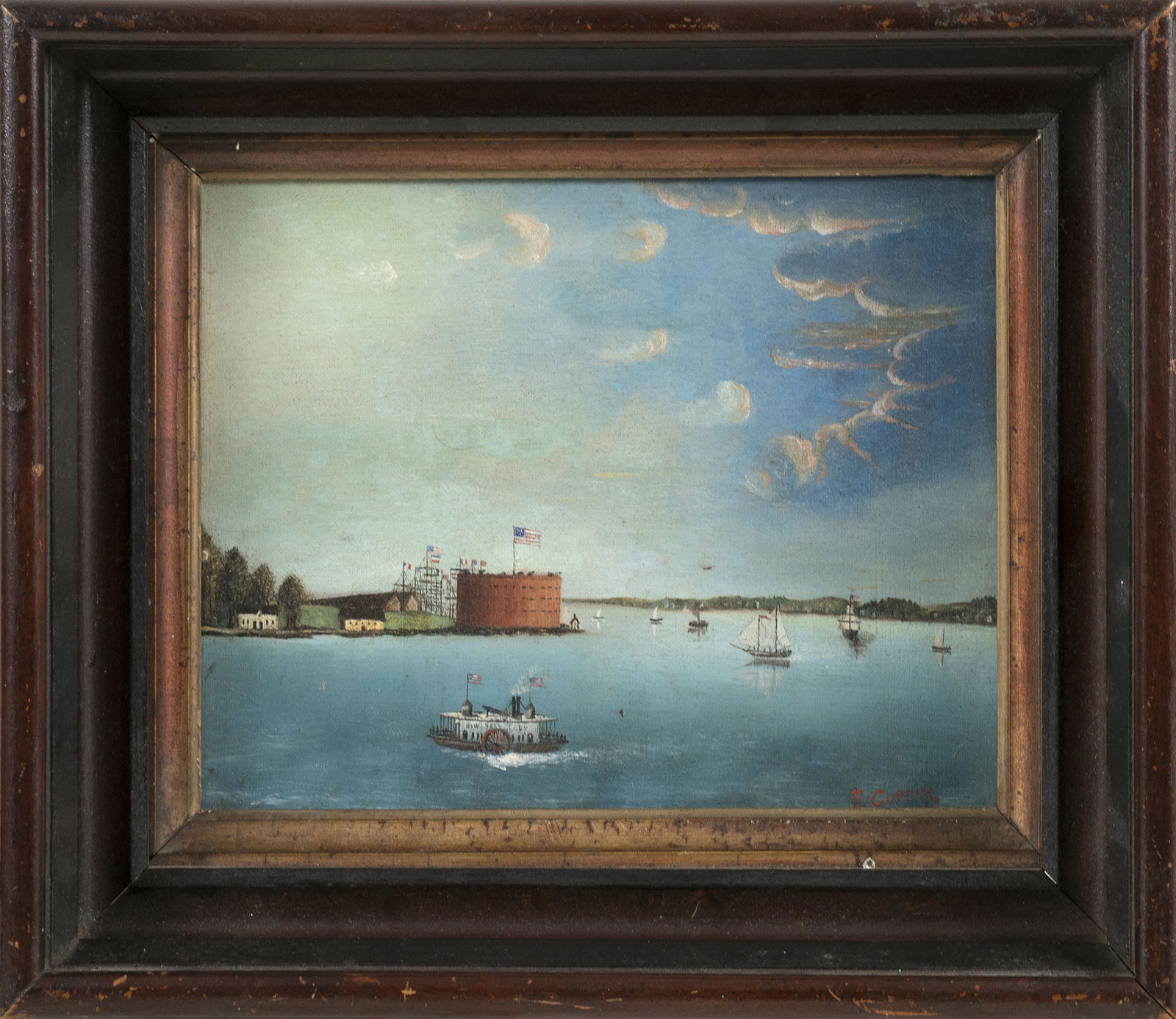AMERICAN SCHOOL (19th Century,), Primitive-style painting of New York Harbor with Castle Garden in: AMERICAN SCHOOL 19th Century Primitive-style painting of New York Harbor with Castle Garden in the background. Signed lower right "P. Guerin". Oil on canvas, 8" x 10". Framed 12&qu