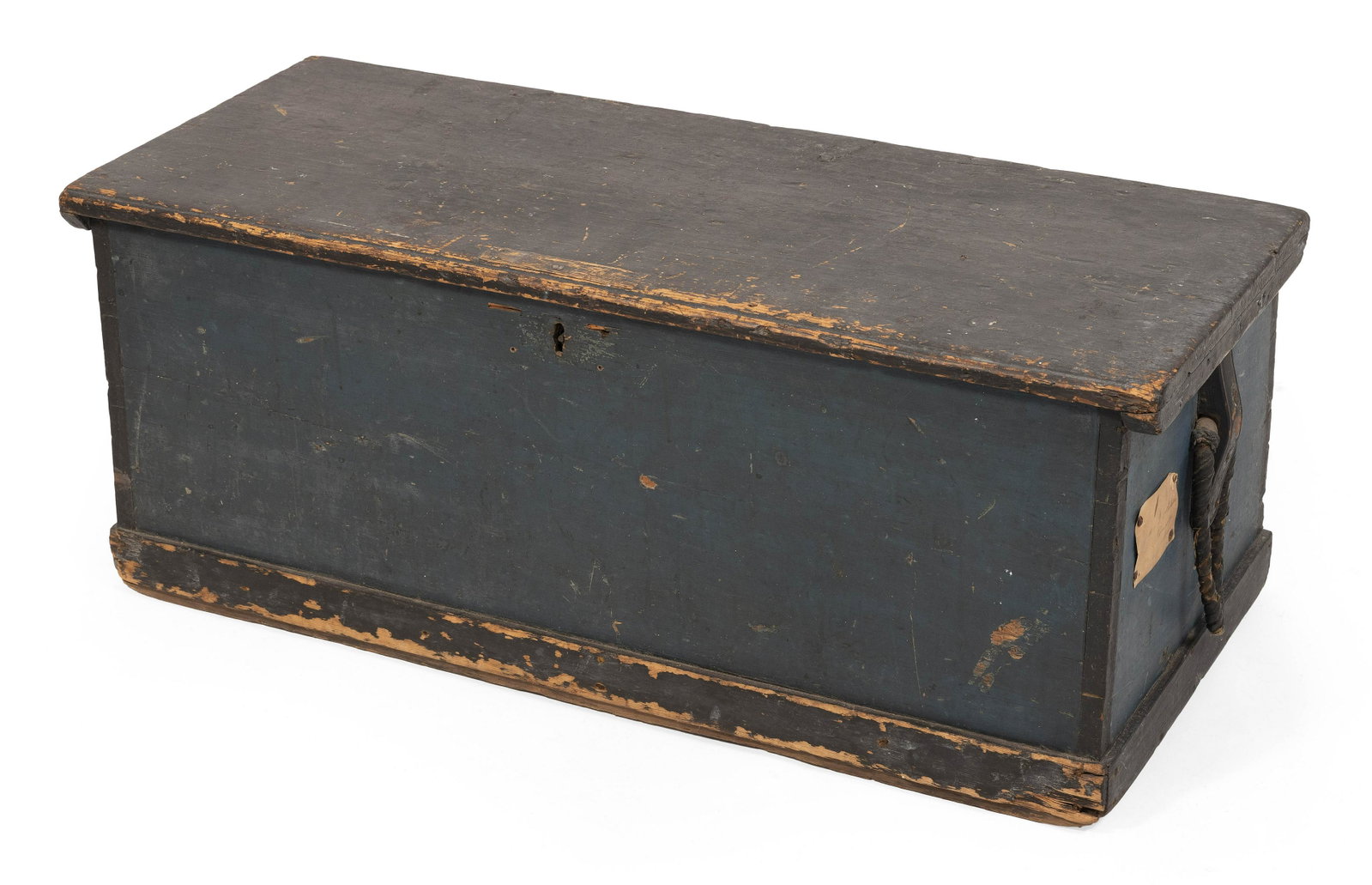 SEA CHEST 19th Century Height 17.25”. Width 42.5”. Depth 17”.: SEA CHEST 19th Century Painted blue. Interior with till. Original beckets with sailor's ropework handles. Height 17.25”. Width 42.5”. Depth 17”.